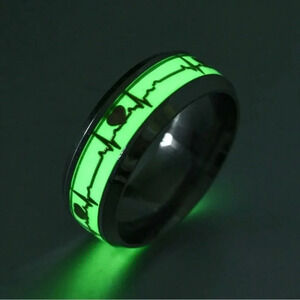 Glow In The Dark Stainless Steel Heartbeat Band Ring - Size 7